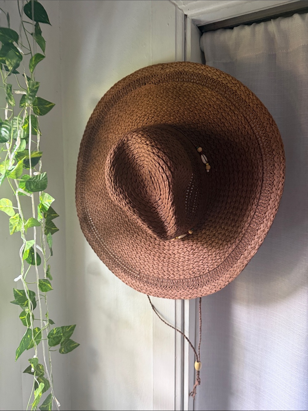 Universal Thread Brown Braided Straw Sun Hat with Bead Detail